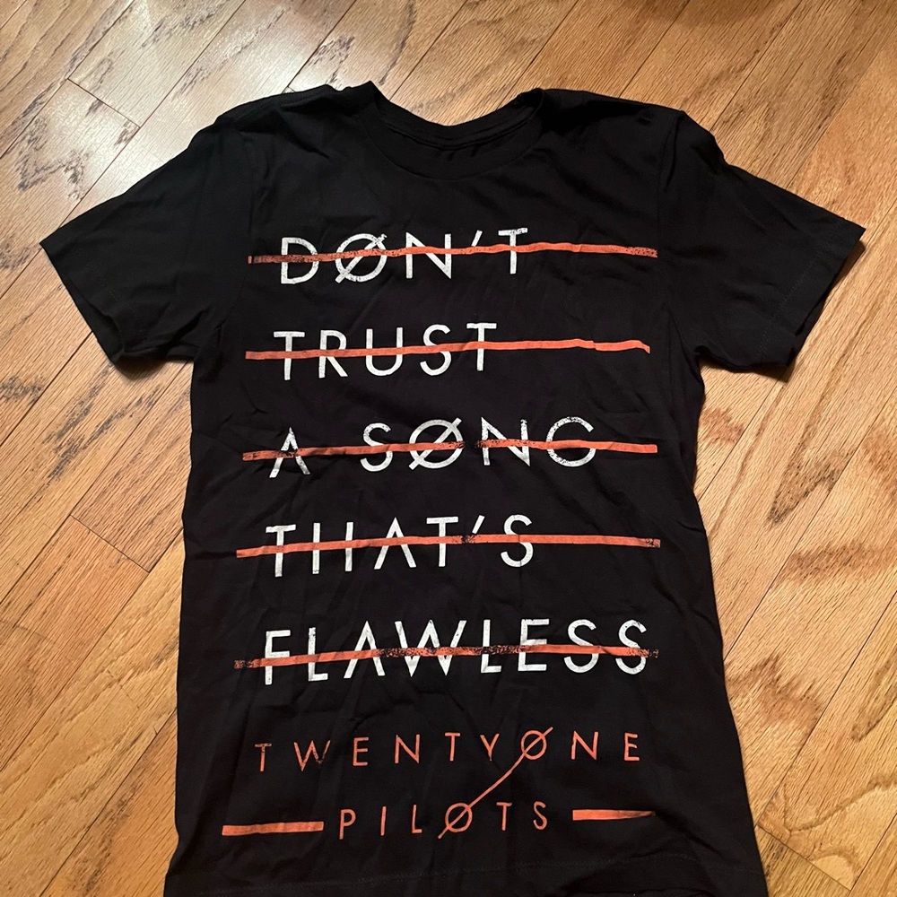 Black Graphic Tee with Red and White Text